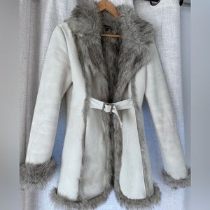 White, silver faux fur coat. Dry clean only